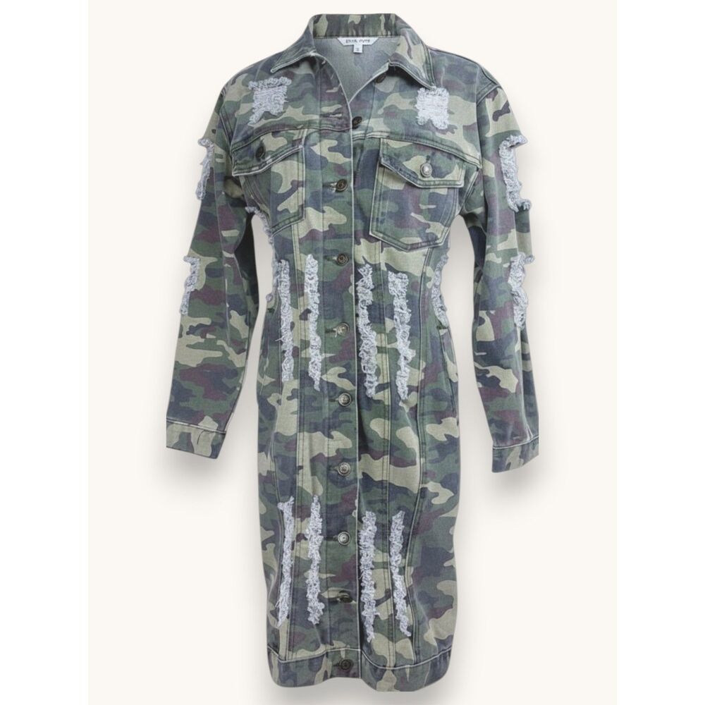 Thrill Jeans Camo Distressed Denim Trench Jacket Dress Longline Ripped Grunge S